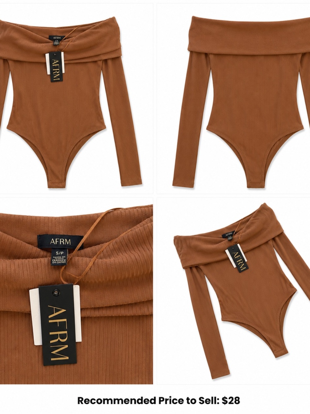 AFRM Off-Shoulder Ribbed Bodysuit in Caramel Brown